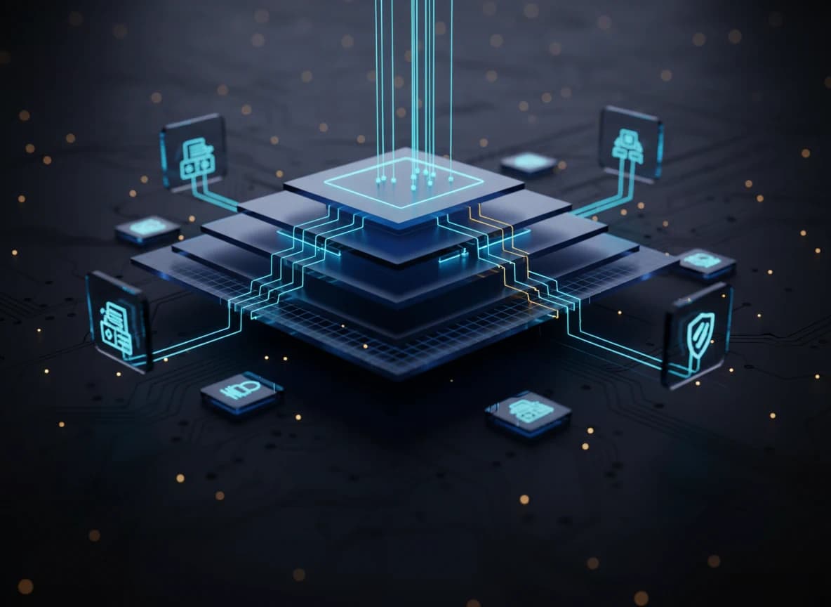 A layered system architecture rendered as glowing tiers above a circuit board