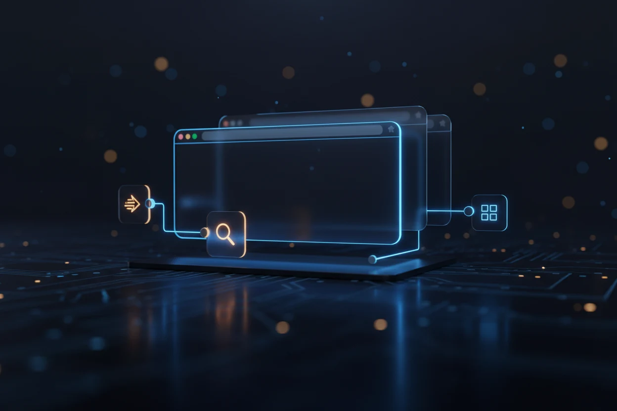 A glowing browser window floating above a circuit board