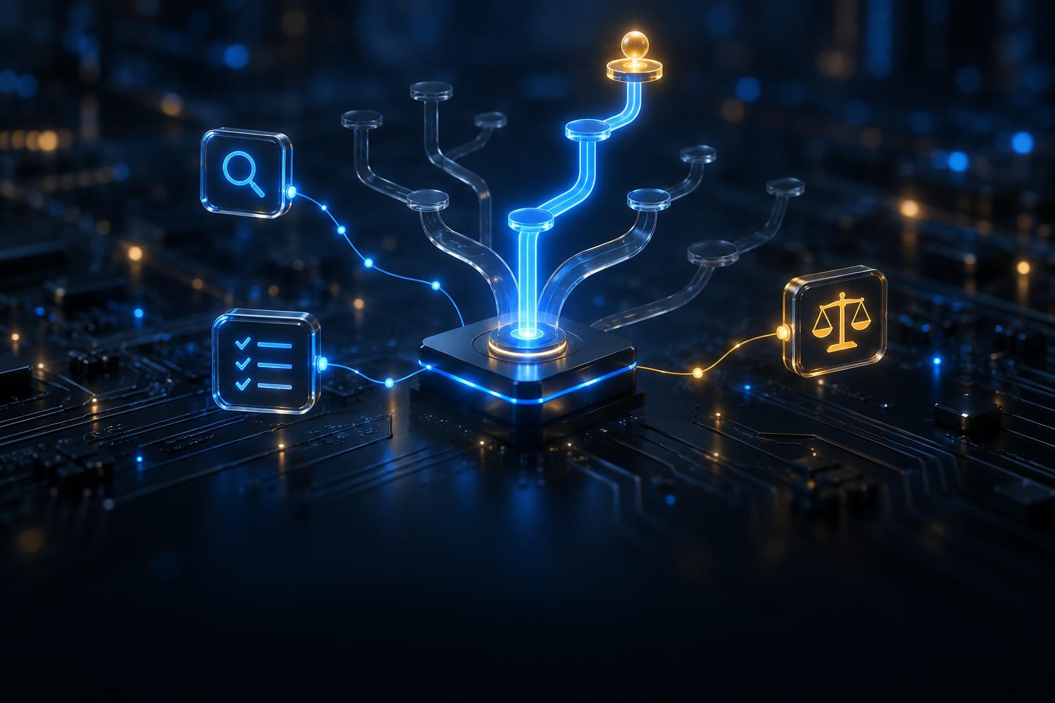 A single lit decision path rising above dimmed branching alternatives toward a search, checklist, and balance-scale icon, over a circuit board