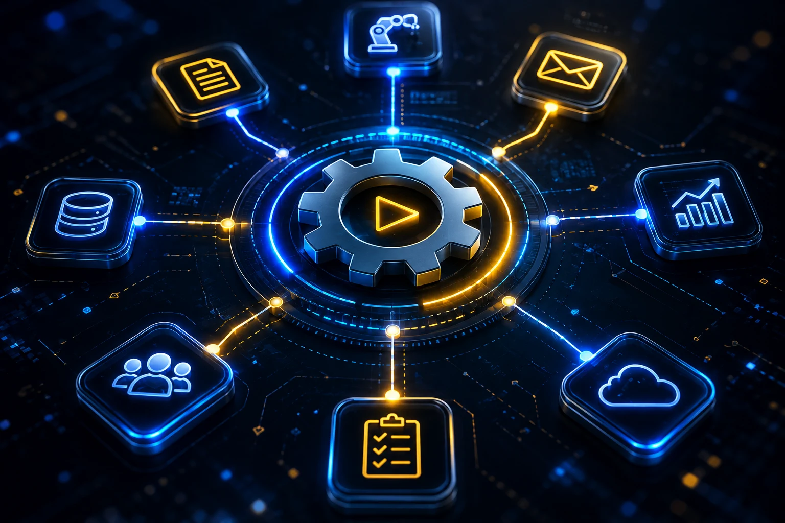 A central gear linked by glowing paths to icons for data, mail, reporting and cloud services