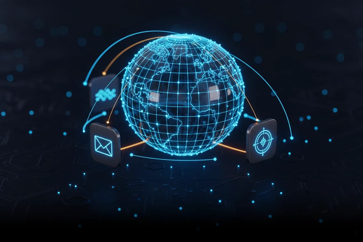 A glowing globe of connected nodes above a circuit board